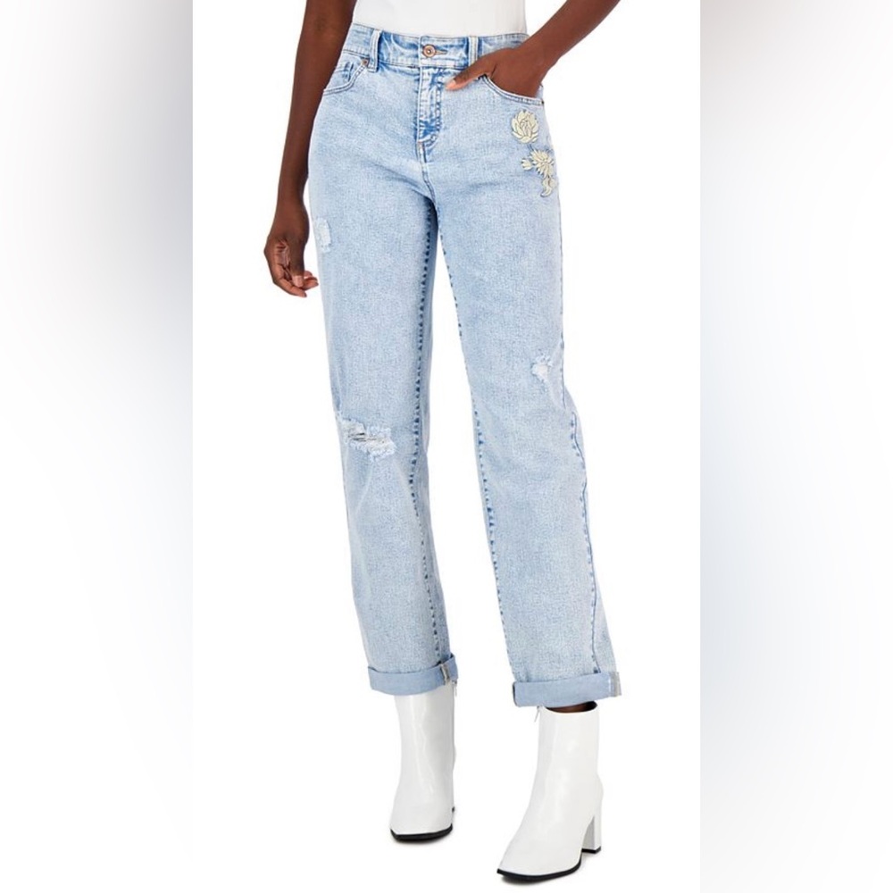 INC International Concepts Women’s Mid Rise Embroidered Boyfriend Jeans 8